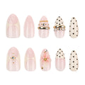 Polka Dot Blossom Almond Press-On Nails – full set of 10 nails: polka dots, lace-look pink, gold bands, 3d blossom