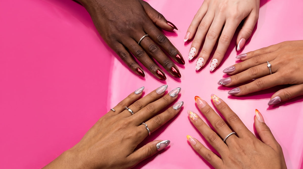 The 5-set drop: five hands with five different real sets reaching in over glossy hot pink; text space left