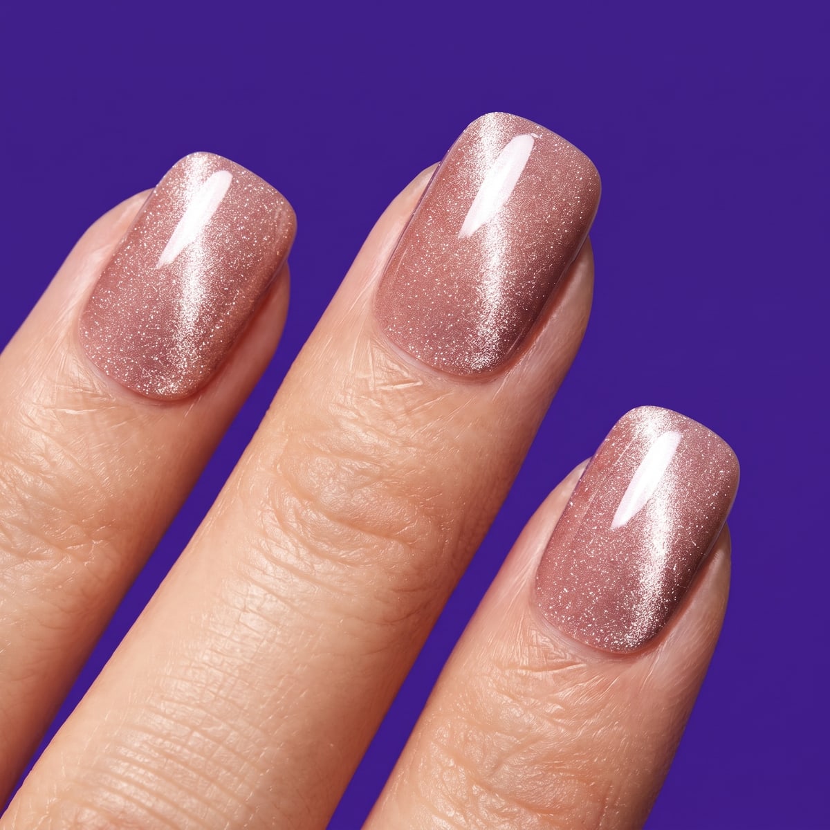 Macro texture tile: rose-gold cat-eye magnetic shimmer short square nails on deep violet