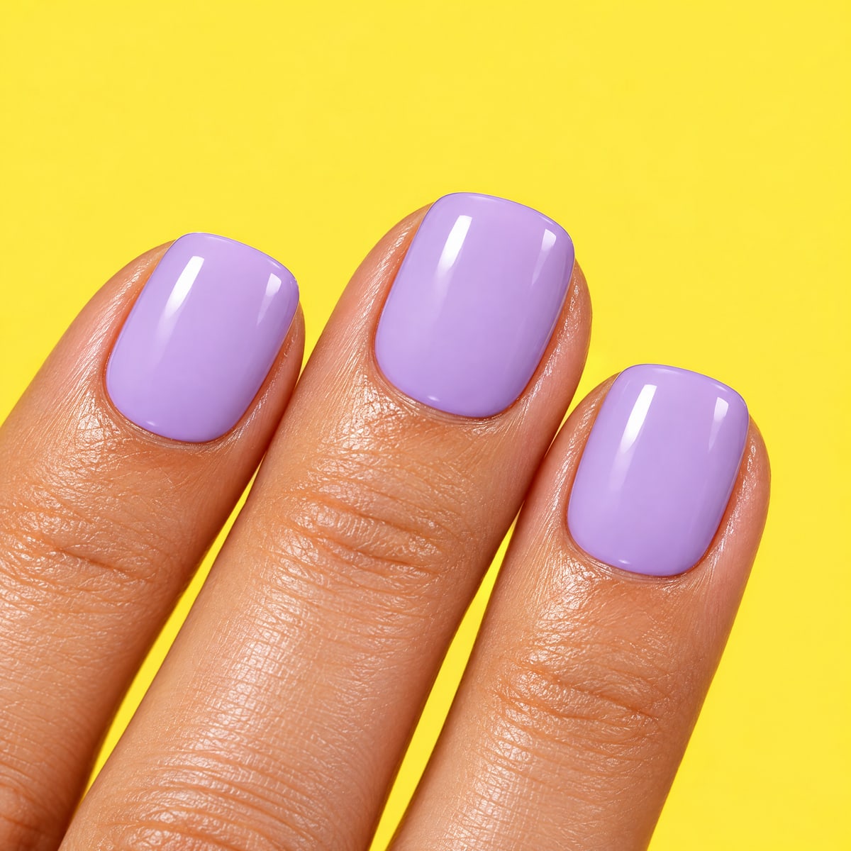 Macro texture tile: solid pastel lilac short square nails on butter yellow