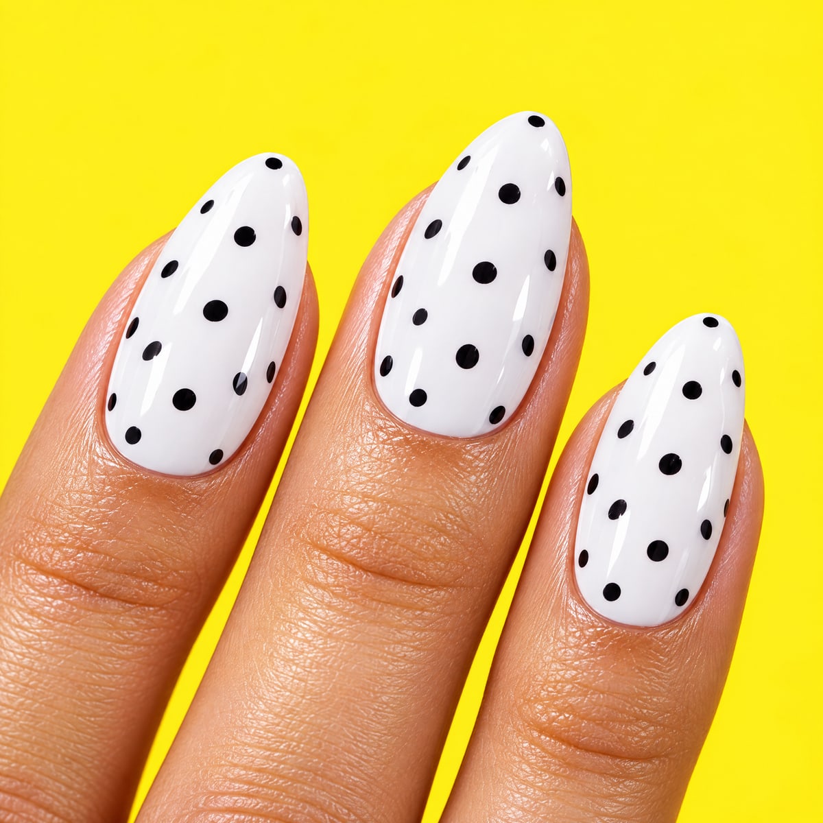 Macro texture tile: white almond nails with black polka dots on lemon yellow