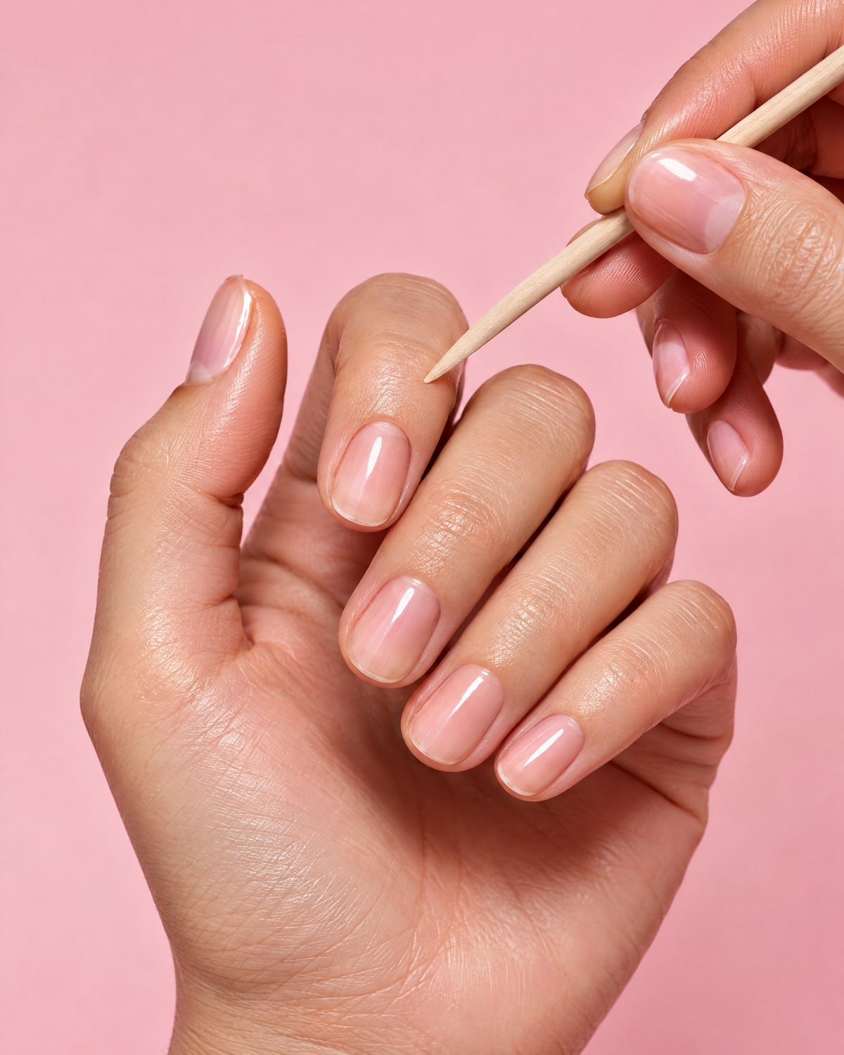 Step 2 prep: pushing back cuticles with a wooden stick