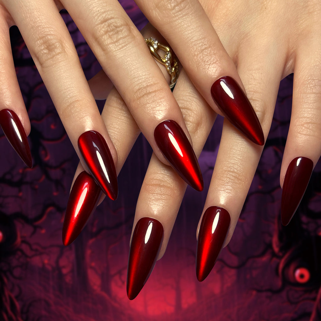 Red Chrome Stiletto Press-On Nails – deep cherry red mirror chrome, photo 4