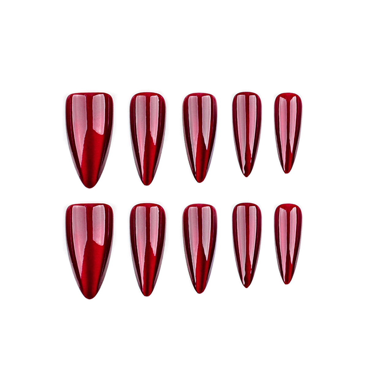 Red Chrome Stiletto Press-On Nails – full set of 10 nails: deep cherry red mirror chrome