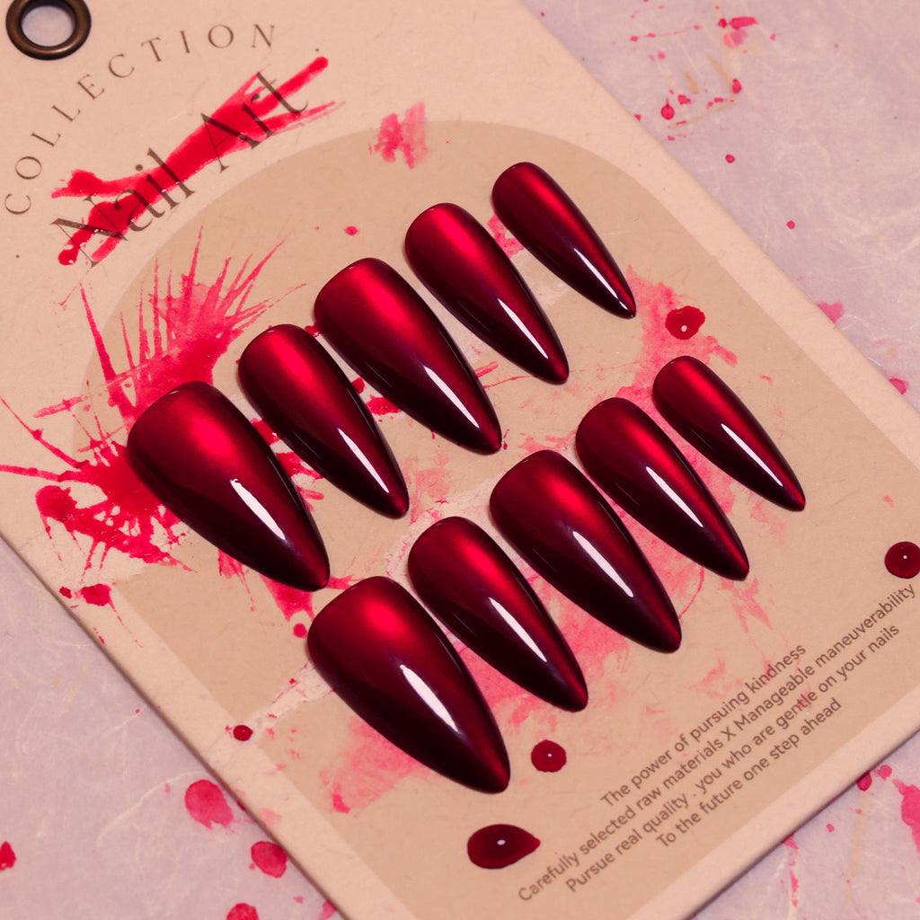 Red Chrome Stiletto Press-On Nails – deep cherry red mirror chrome, photo 7