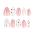 Red Polka Dot Almond Press-On Nails – full set of 10 nails: milky white with tiny red dots and pink french accents