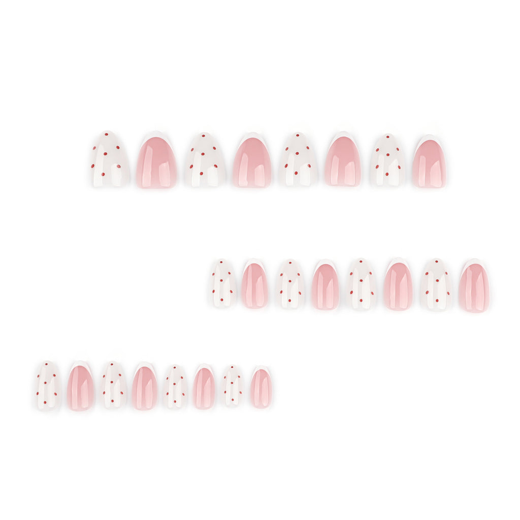 Red Polka Dot Almond Press-On Nails – milky white with tiny red dots and pink french accents, photo 5