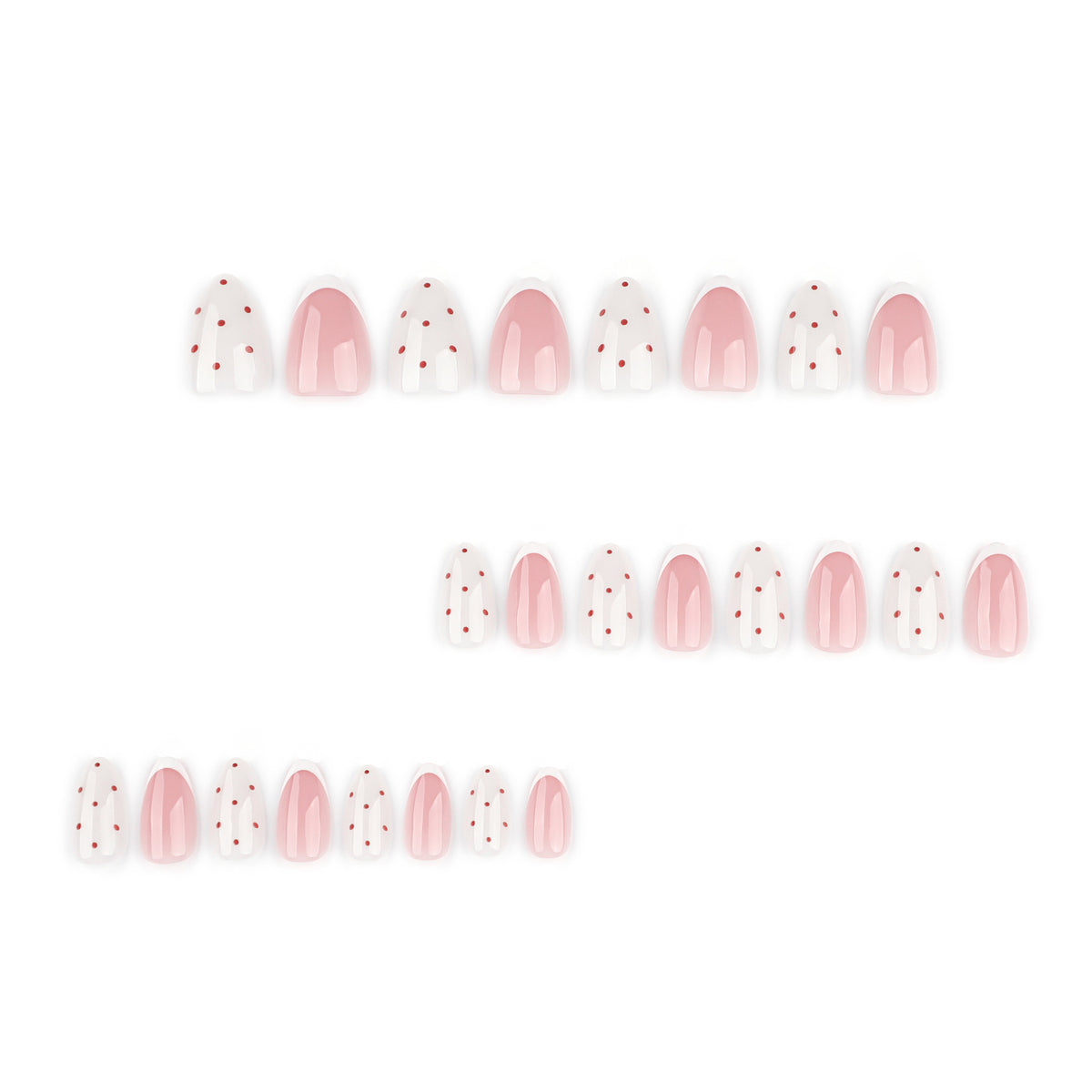 Red Polka Dot Almond Press-On Nails – milky white with tiny red dots and pink french accents, photo 5