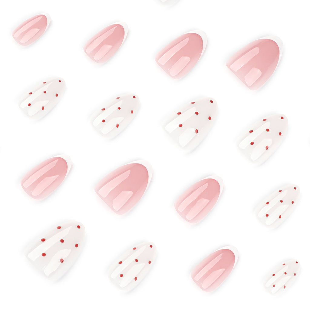 Red Polka Dot Almond Press-On Nails – milky white with tiny red dots and pink french accents, photo 7