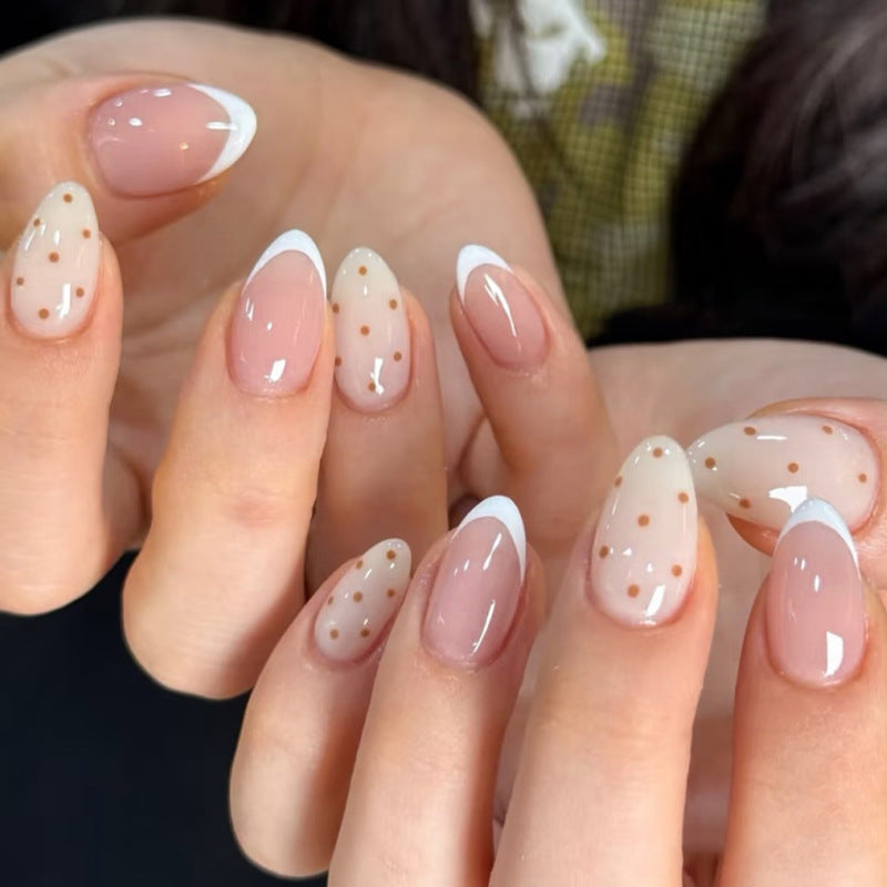 Red Polka Dot Almond Press-On Nails – milky white with tiny red dots and pink french accents, photo 4