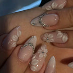 Rhinestone Blossom Almond Press-On Nails – sheer pink ombré with 3d petals and a rhinestone arc, photo 4