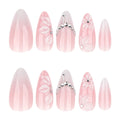 Rhinestone Blossom Almond Press-On Nails – full set of 10 nails: sheer pink ombré with 3d petals and a rhinestone arc