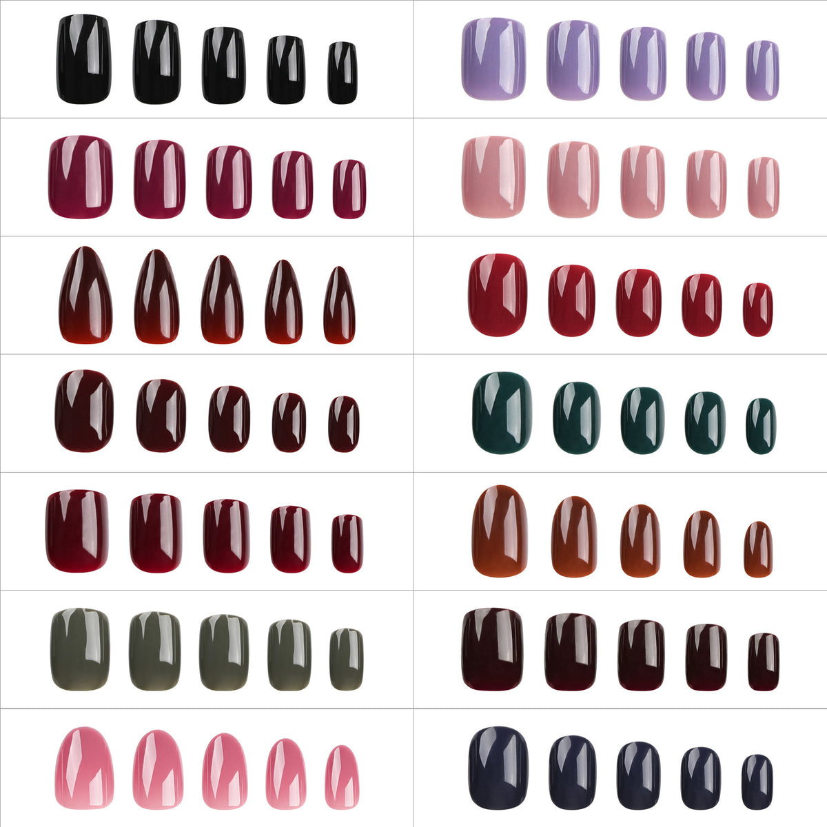 Short Square Press-On Nails – Neutrals – colour chart of all shades