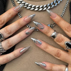 Silver Chrome French Almond Press-On Nails on a hand