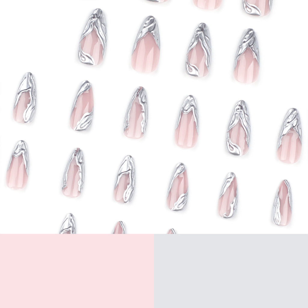 Silver Chrome French Almond Press-On Nails – wavy liquid silver chrome french tips on sheer pink, photo 5