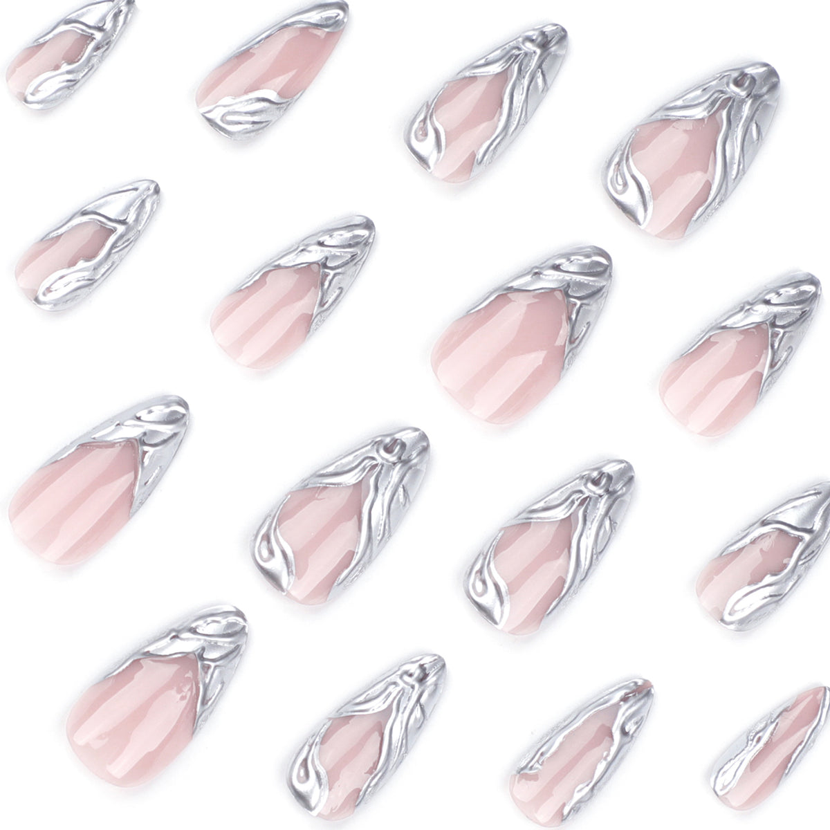 Silver Chrome French Almond Press-On Nails – wavy liquid silver chrome french tips on sheer pink, photo 6