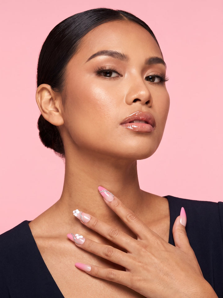 Rhinestone Blossom Almond Press-On Nails — model wearing the nails