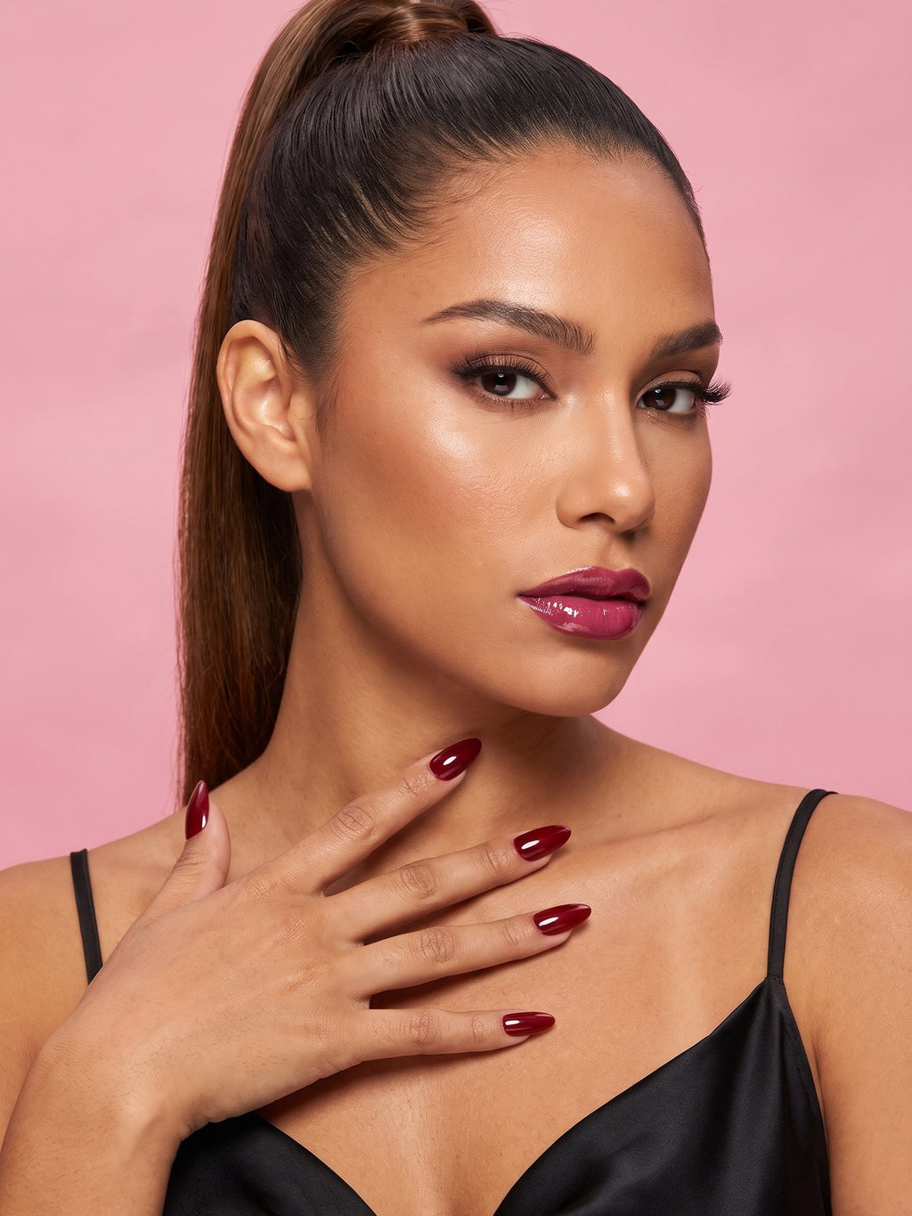 Wine Red Almond Press-On Nails — model wearing the nails