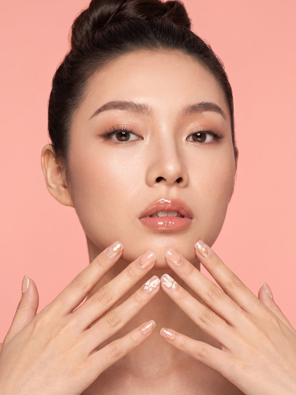Golden Blossom Short Square Press-On Nails — model wearing the nails