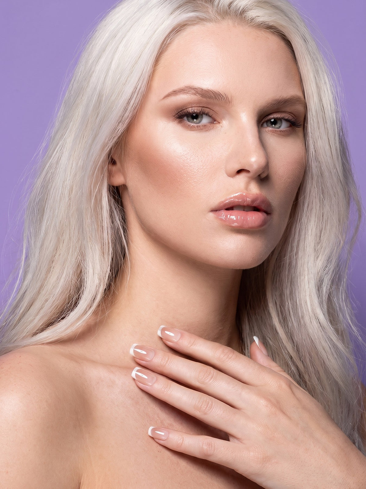 Nude Gradient French Short Square Press-On Nails — model wearing the nails