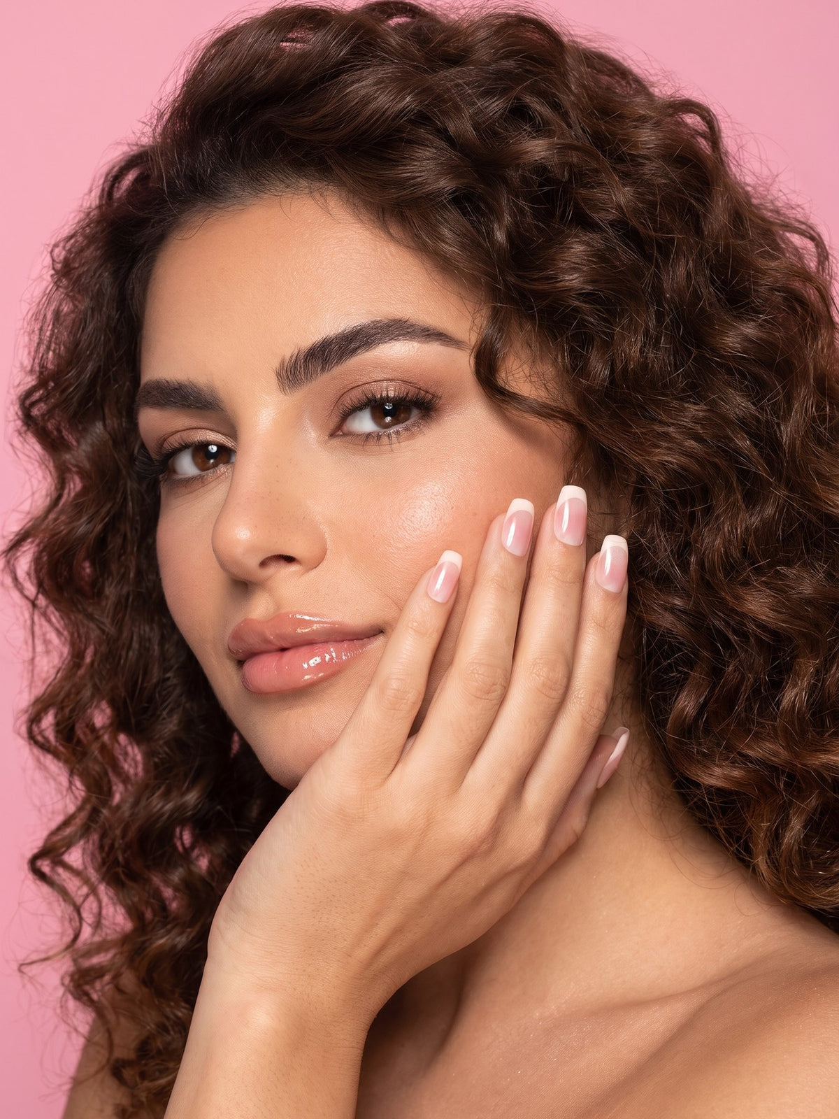 Custard Blush French Short Square Press-On Nails — model wearing the nails